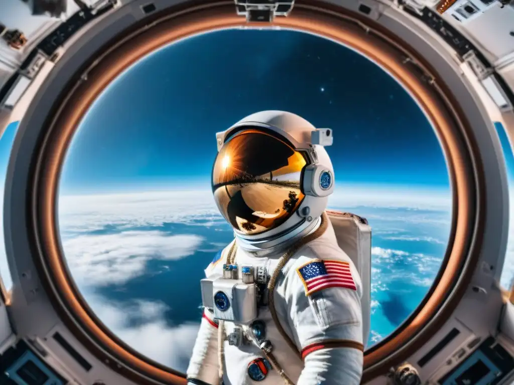Explorador del cosmos: contemplando la Tierra desde el espacio Un astronauta flota en la estación espacial, contemplando la Tierra desde el espacio