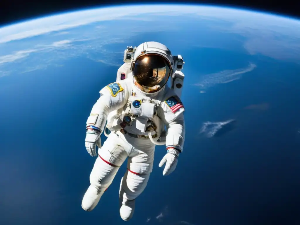 Explorador del espacio contempla la Tierra desde la ISS Un astronauta flota en el espacio exterior cerca de la Estación Espacial Internacional, con la Tierra de fondo