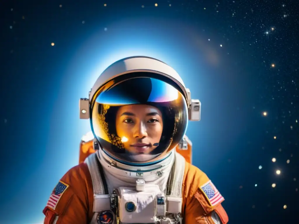 Exploración en el espacio: Astronauta en la soledad estelar Un astronauta flota en el espacio, iluminado por la Tierra, rodeado de estrellas