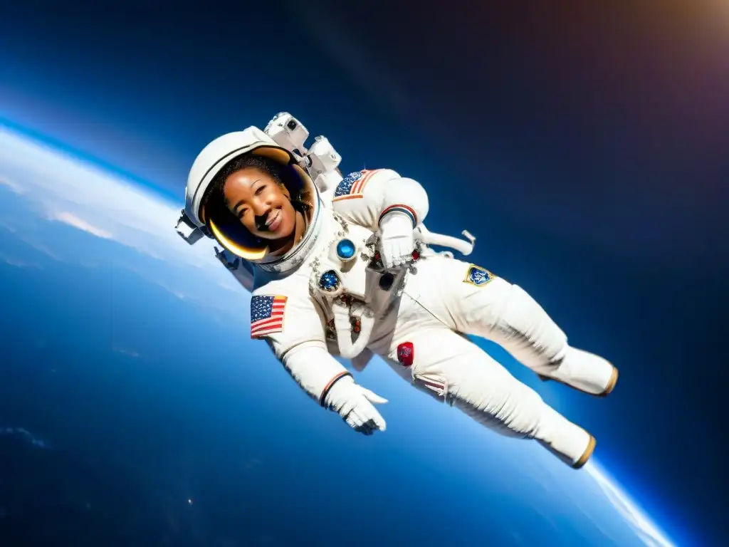 Astronauta Mae Jemison flota con gracia en el espacio, traje detallado, reflejando estrellas