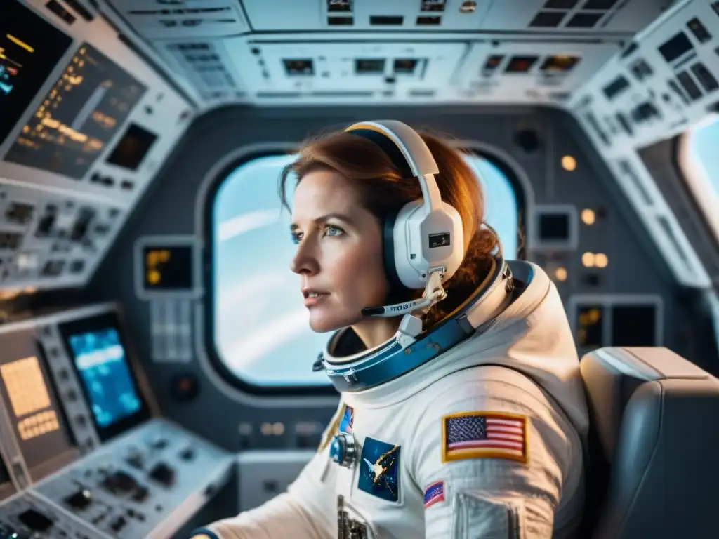 La astronauta Anna Lee Fisher flota con gracia en la nave espacial, rodeada de paneles de control y pantallas