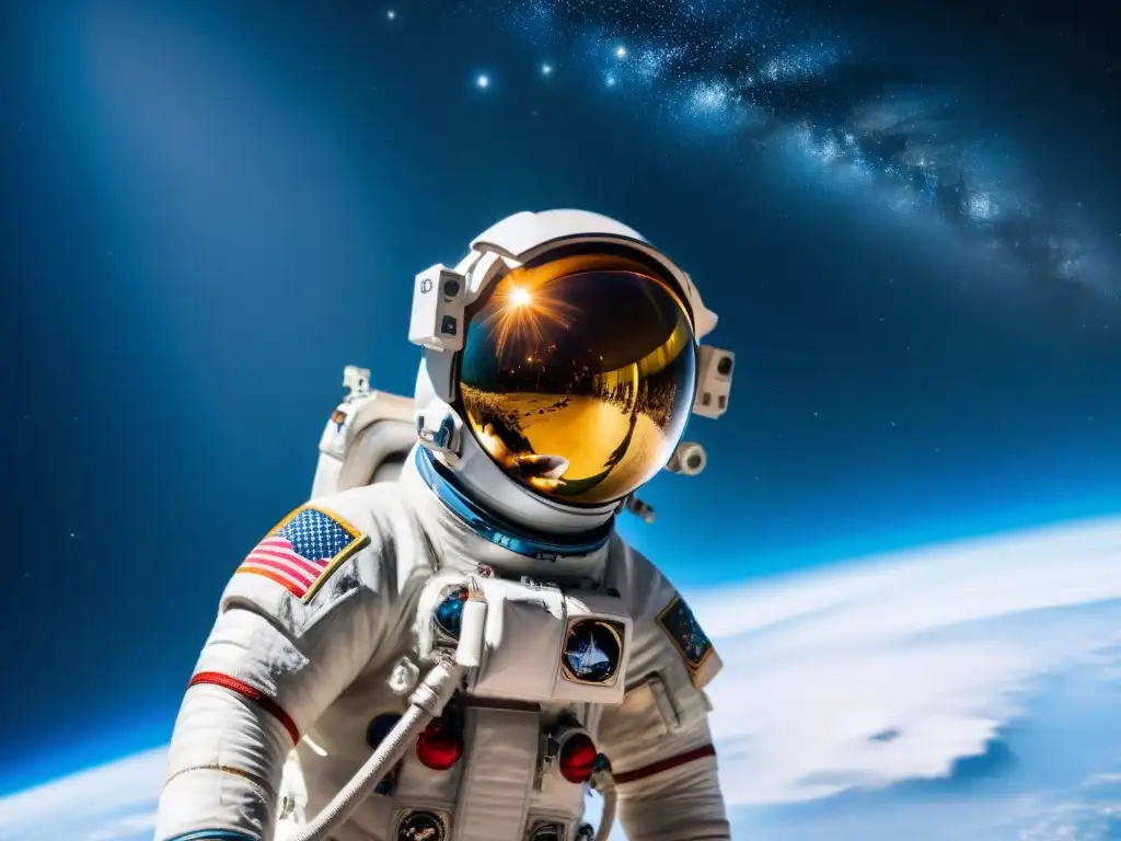 Explorador del cosmos: la transformación en la inmensidad estelar Un astronauta flota en el vasto espacio, con estrellas y galaxias brillantes de fondo, mostrando el impacto de los viajes espaciales en la percepción