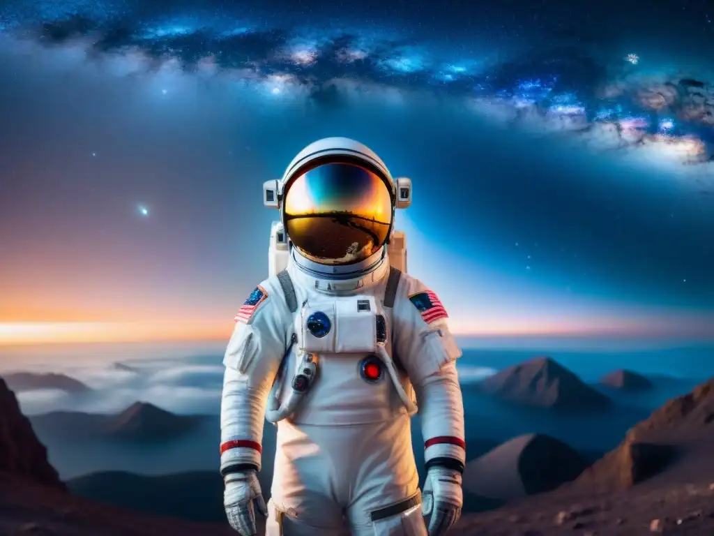 Explorador cósmico: astronauta en traje espacial frente al universo Un astronauta frente a un cosmos estrellado refleja la belleza y misterio del universo
