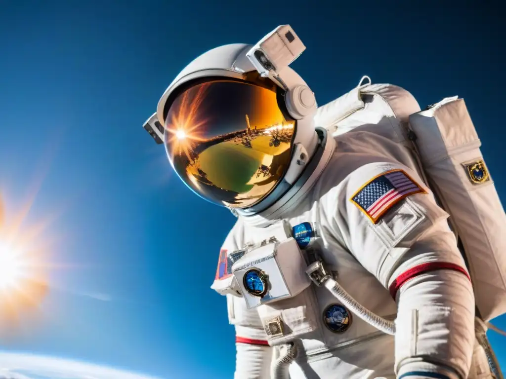 Un astronauta flota frente a la Estación Espacial Internacional, con la Tierra de fondo al atardecer