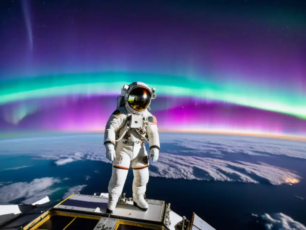 Astronauta flotando frente a la Estación Espacial Internacional, admirando la aurora boreal en la Tierra