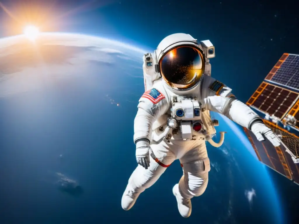 Un astronauta flota elegantemente frente a una estación espacial futurista, con la Tierra de fondo y detalles de comunicación en misiones espaciales