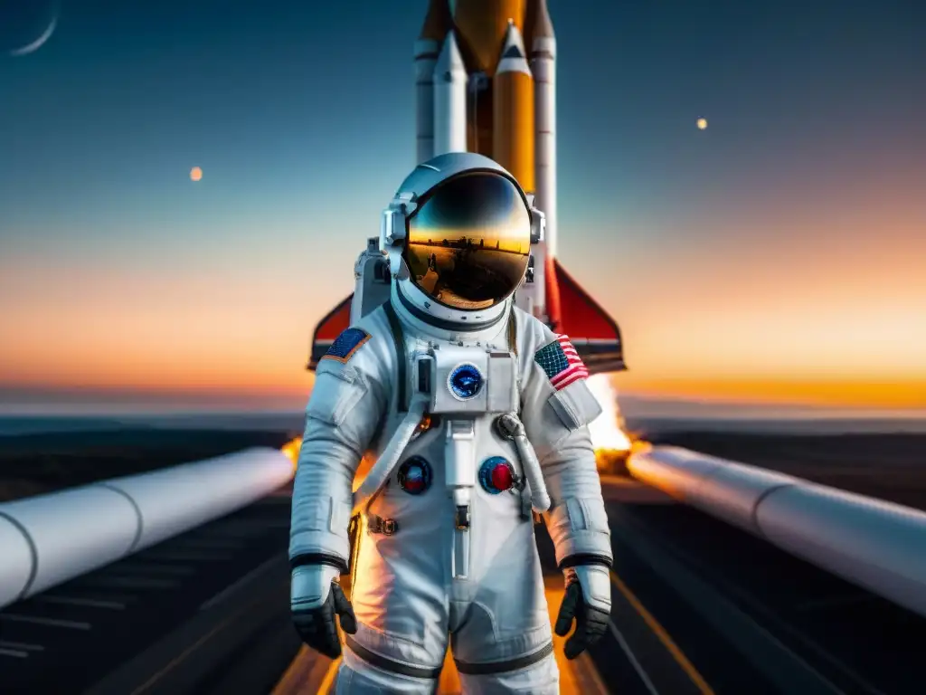 Un astronauta frente a un imponente cohete, con la Tierra de fondo, reflejada en su casco