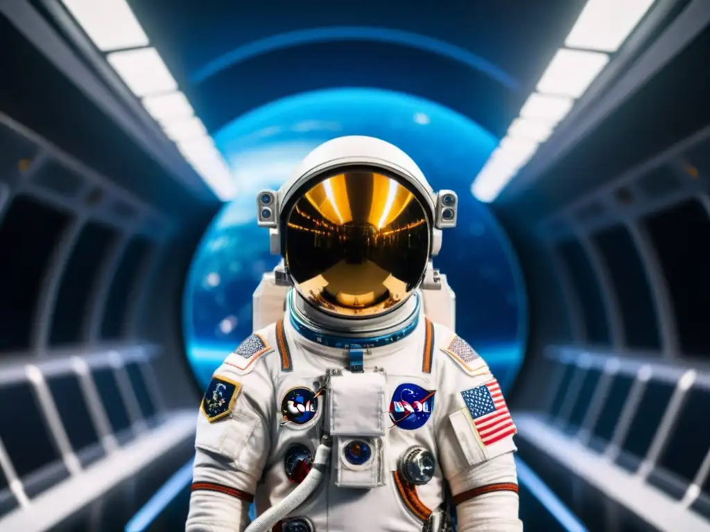 Un astronauta frente a nave espacial, con la Tierra de fondo, reflejando el desarrollo trajes espaciales carrera comercial