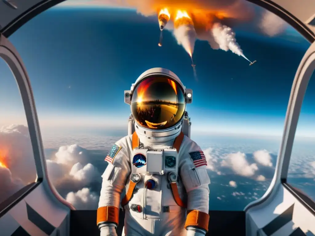 Un astronauta frente a una nave espacial listo para el lanzamiento, reflejando la emoción de las Experiencias lanzamientos espaciales emocionantes