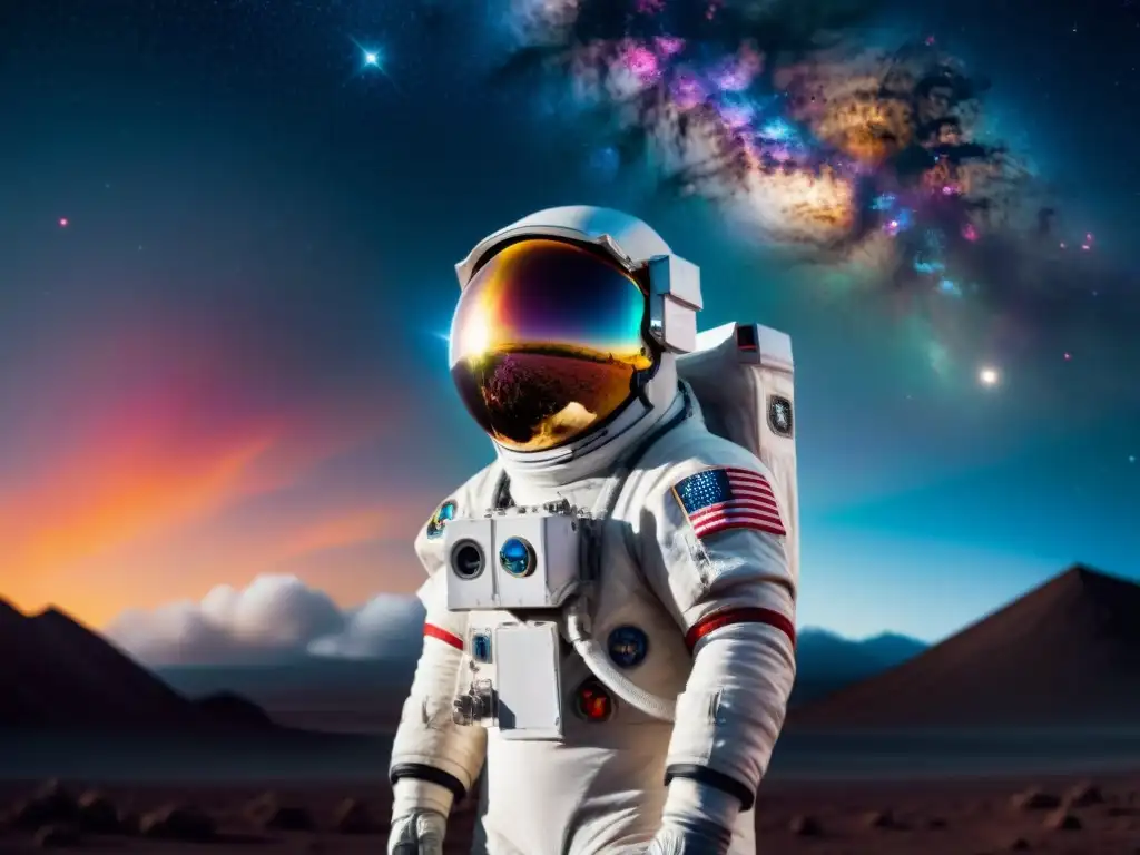 Explorando el Cosmos: Astronauta frente al Telescopio en Nebulosa Un astronauta frente a un telescopio apuntando hacia una nebulosa vibrante, reflejada en su visor
