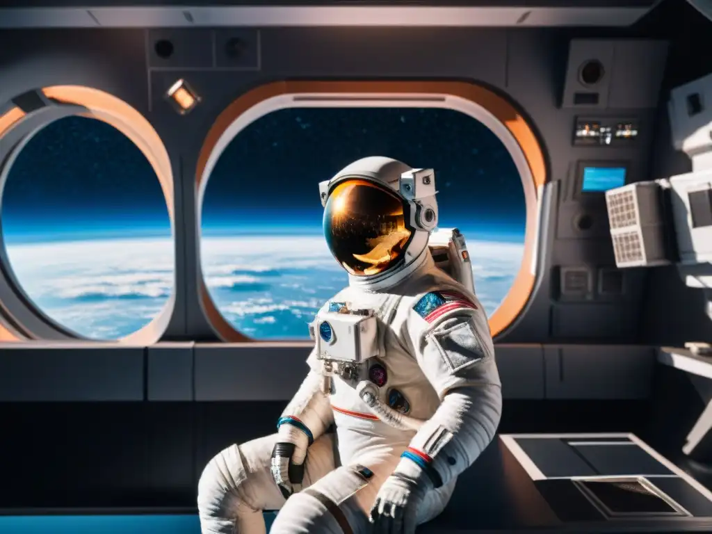 Un astronauta se para frente a una ventana espacial, contemplando la Tierra