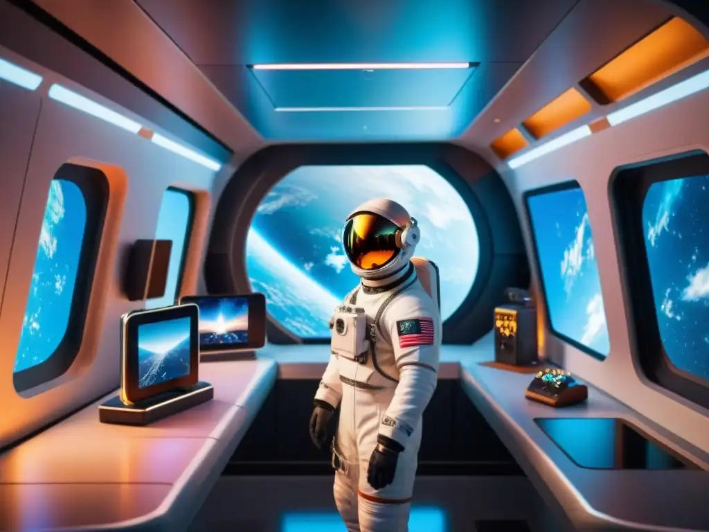 Un astronauta disfruta de gadgets para turista espacial en una estación espacial futurista