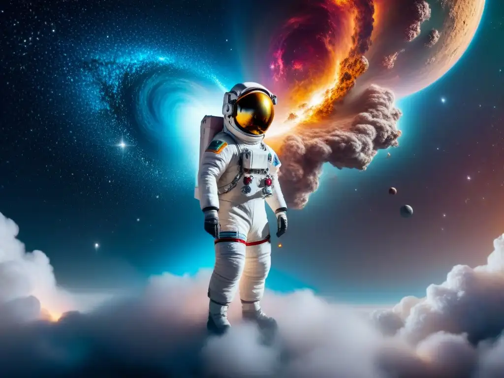 Exploración cósmica: astronauta en galaxia de nebulosas y supernovas Un astronauta flotando en una galaxia vasta y turbulenta, rodeado de nebulosas coloridas y estrellas brillantes