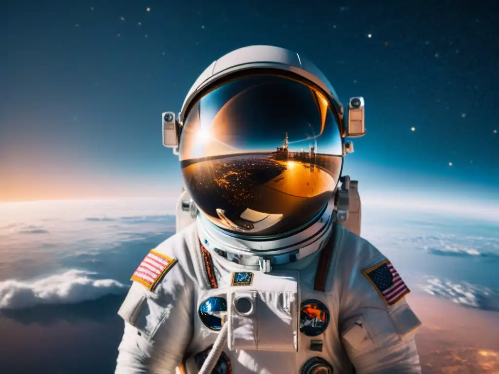 Exploración espacial: astronauta flotando entre estrellas Un astronauta flota con gracia en el espacio, rodeado de estrellas, reflejando determinación y asombro