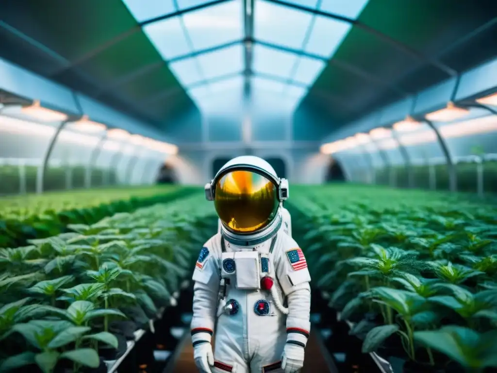 Astronauta cuidando una granja hidropónica en una estación espacial futurista, con tecnología avanzada para la agricultura extraterrestre