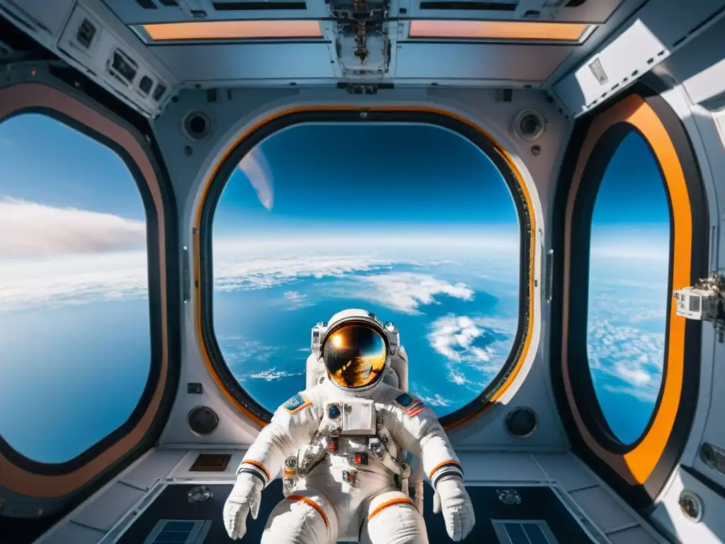 Un astronauta flotando en gravedad cero dentro de la Estación Espacial Internacional, admirando la Tierra desde arriba