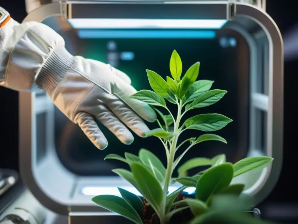 Un astronauta toca suavemente las hojas verdes de una planta en la Estación Espacial Internacional, destacando los beneficios curativos del espacio