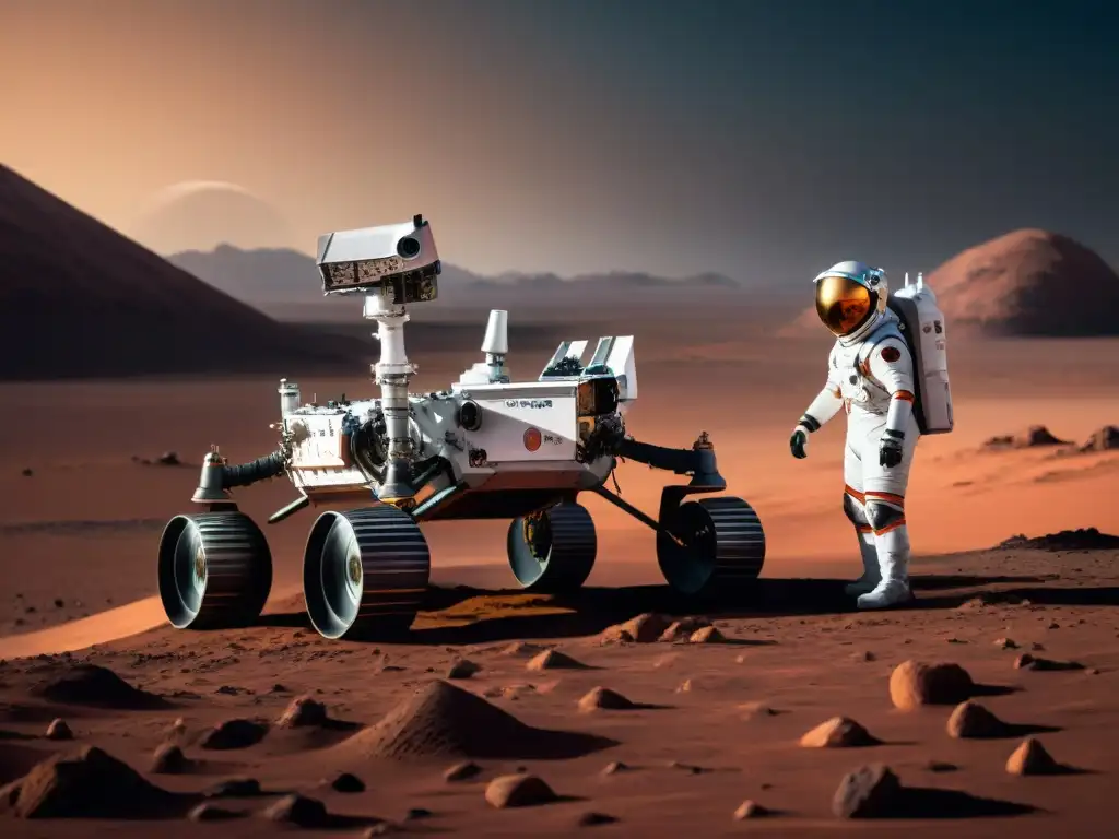 Un astronauta humano y un rover avanzado exploran un paisaje marciano, destacando la colaboración en misiones de exploración espacial rover humano