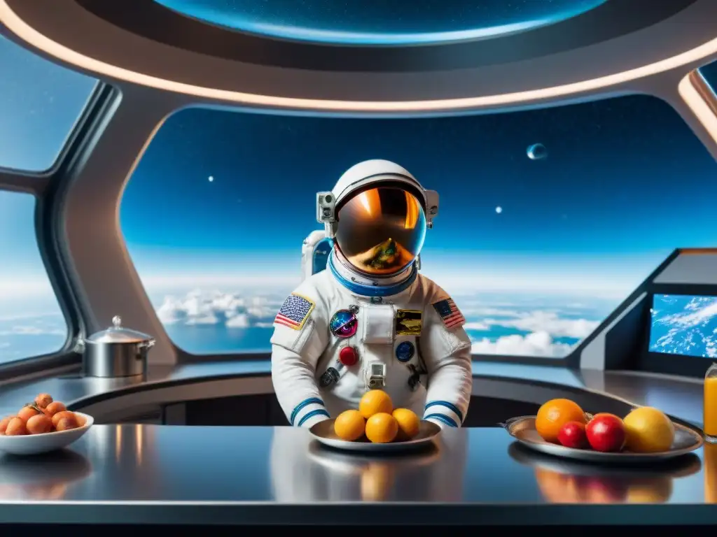 Astronauta preparando ingredientes flotantes en la cocina espacial en microgravedad, con vista a la Tierra desde la estación espacial