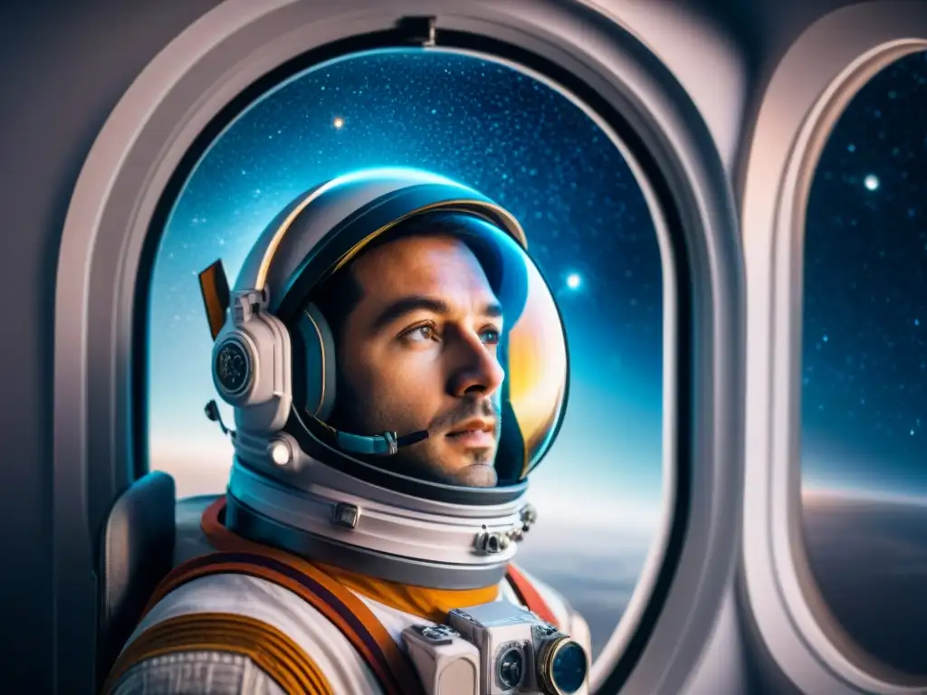 Astronauta contemplativo: la belleza y soledad del espacio Un astronauta contempla la inmensidad del espacio desde su nave, con galaxias y estrellas de fondo