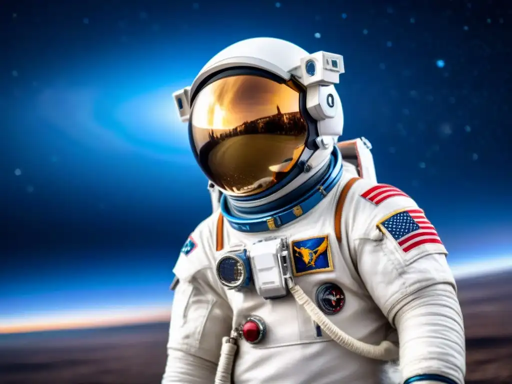 El astronauta reflexiona en la inmensidad del espacio, reflejando en su visor la belleza y soledad del universo