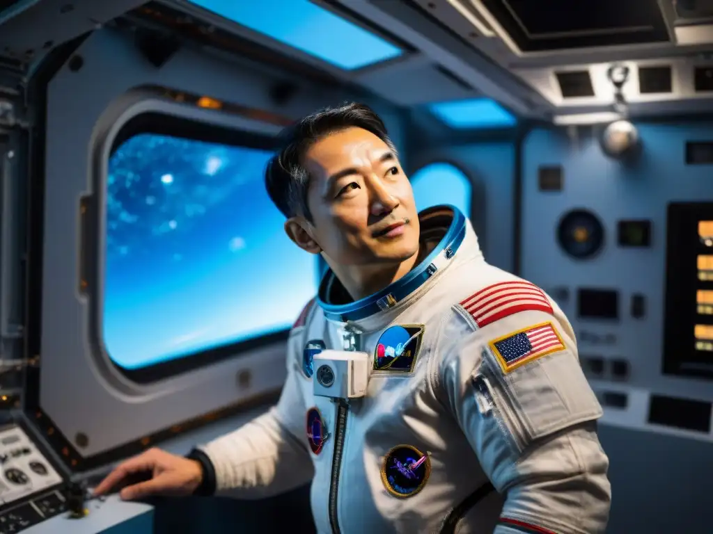 Astronauta japonés Takao Doi realizando experimentos científicos en la Estación Espacial Internacional (ISS) en microgravedad