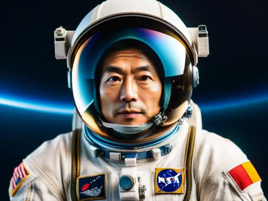 El astronauta japonés Takao Doi flota en la Estación Espacial Internacional, observando la Tierra en el espacio