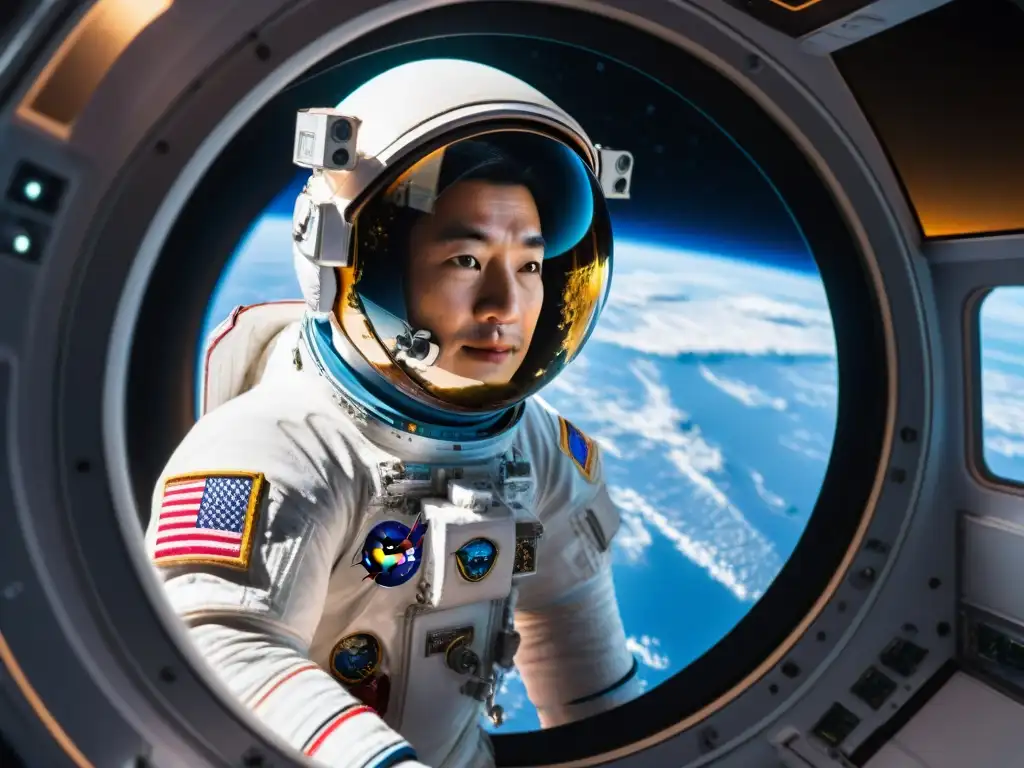 Astronauta japonés Takao Doi flota en la Estación Espacial Internacional, admirando la Tierra a través de la ventana, rodeado de tecnología espacial