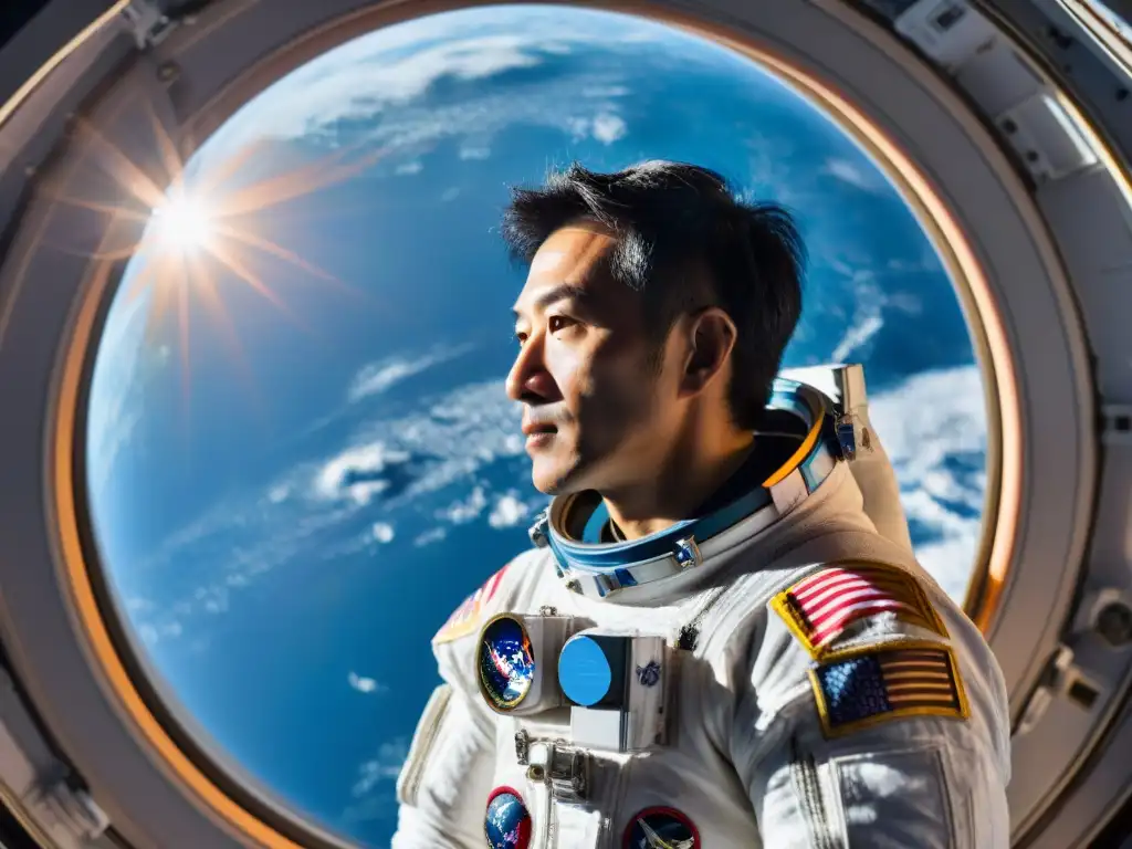 El astronauta japonés Takao Doi, admirando la Tierra desde la Estación Espacial Internacional, reflejando asombro y determinación en su rostro