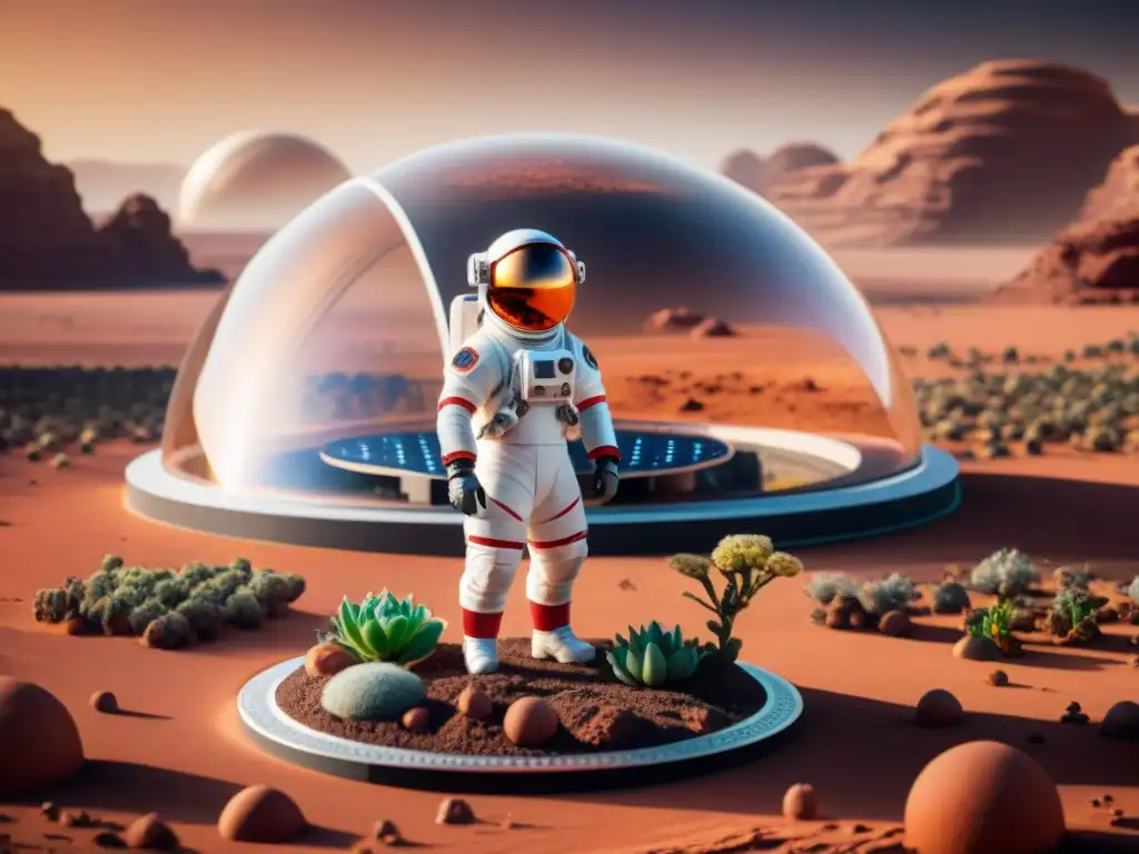 Un astronauta en Marte, junto a una base espacial 3D impresa con detalles futuristas y un jardín interior exuberante