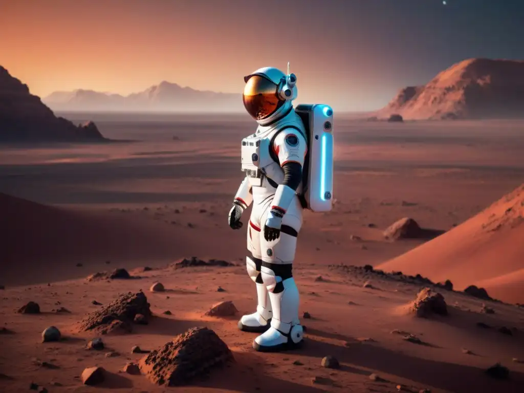 Un astronauta reflexiona junto a un robot en Marte, con estaciones espaciales al fondo