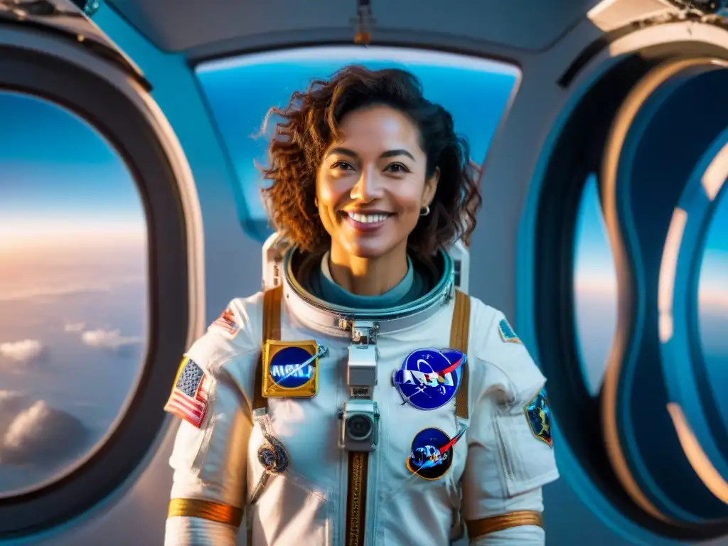 Astronauta latina en la Estación Espacial Internacional, flotando con gracia frente a la Tierra