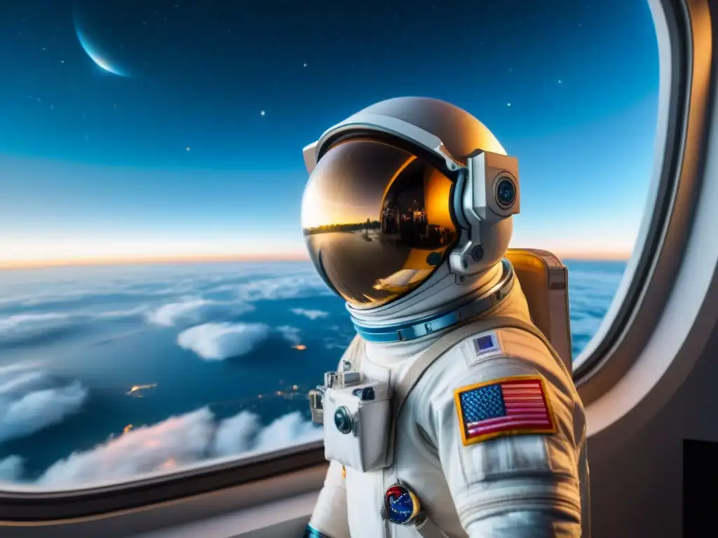 Astronauta listo de preparativos viaje espacial frente a la Tierra desde estación espacial futurista