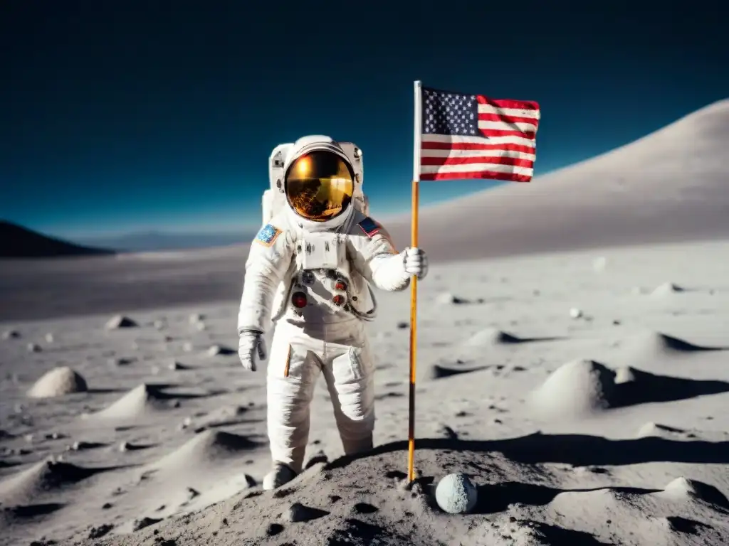 Un astronauta en la Luna sostiene una bandera con 'Charles Duke: Huellas Eternas en la Luna'