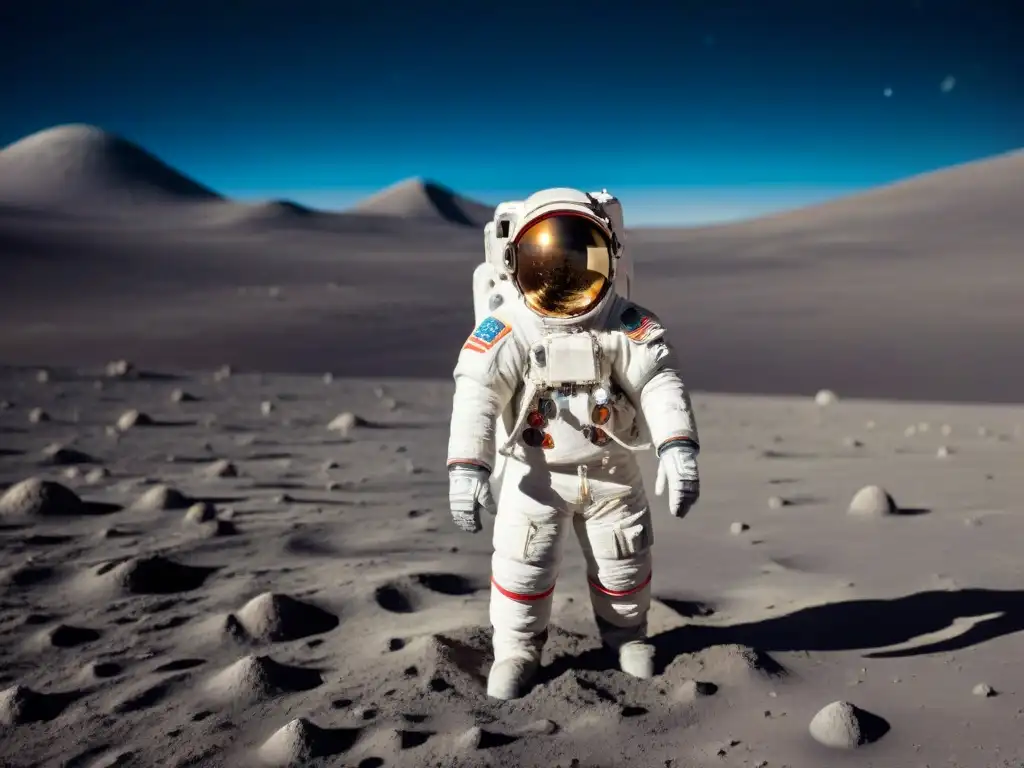 Un astronauta en la Luna durante la noche, con la Tierra y el cielo estrellado de fondo