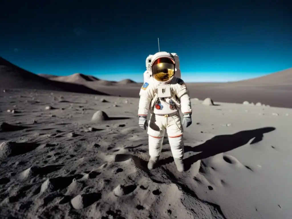 Astronauta en la Luna durante la primera noche, admirando la Tierra en el cielo estrellado