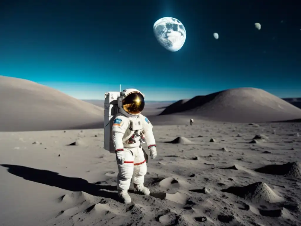 Astronauta solo en la Luna, admirando la Tierra en el vasto cielo estrellado