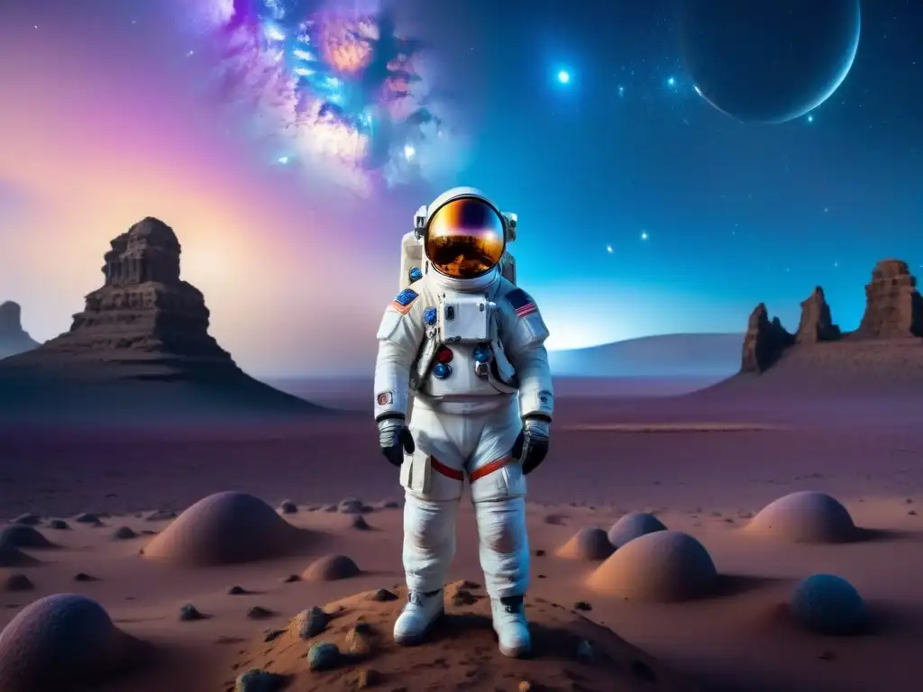 Un astronauta maravillado por el impacto ciencia ficción física cuántica en un planeta alienígena