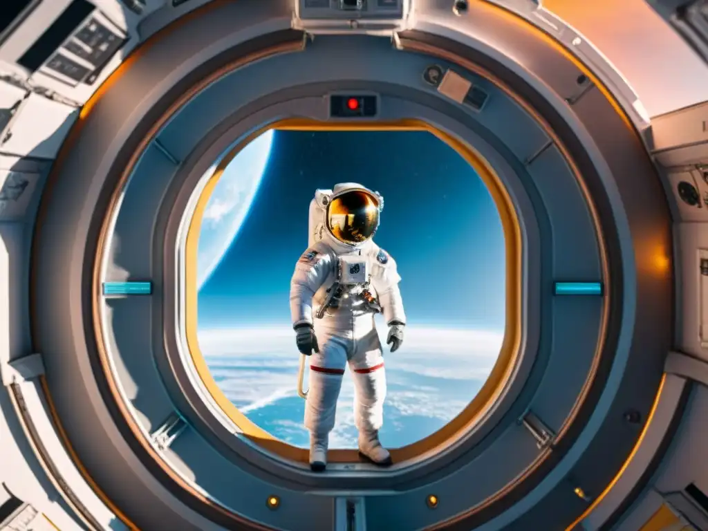 Astronauta en la Estación Espacial: Maravilla y Aislamiento en el Espacio Astronauta maravillado por la Tierra desde la estación espacial, rodeado de instrumentos científicos