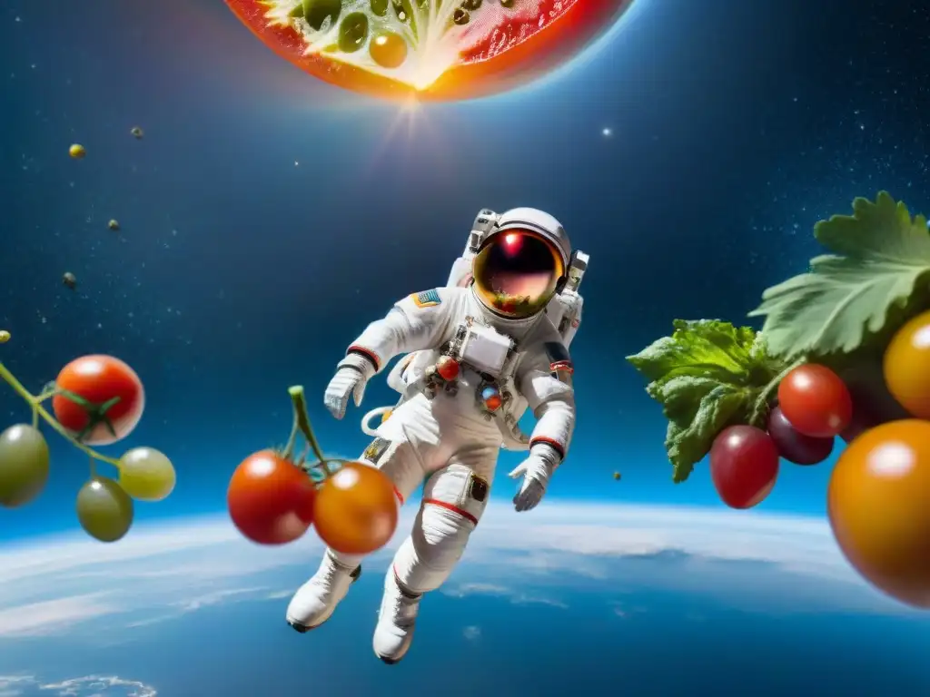 Un astronauta flota en microgravedad rodeado de frutas y verduras vibrantes en el espacio