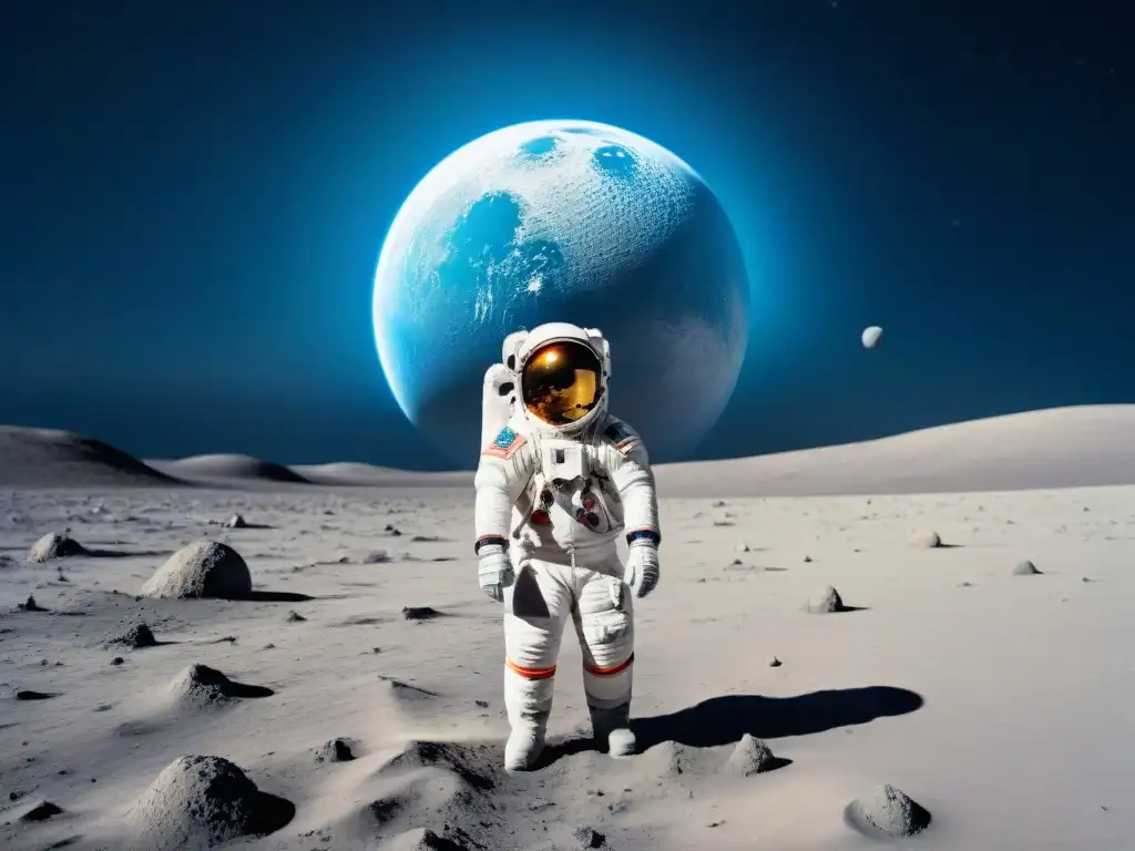 Un astronauta en un momento reflexivo en la Luna, contemplando la Tierra en el fondo cósmico, reflejada en su visor