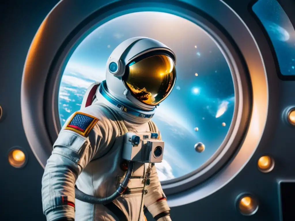 Astronauta flotando en nave espacial futurista Un astronauta flota en una nave espacial futurista, tocando gotas de agua brillantes en gravedad cero