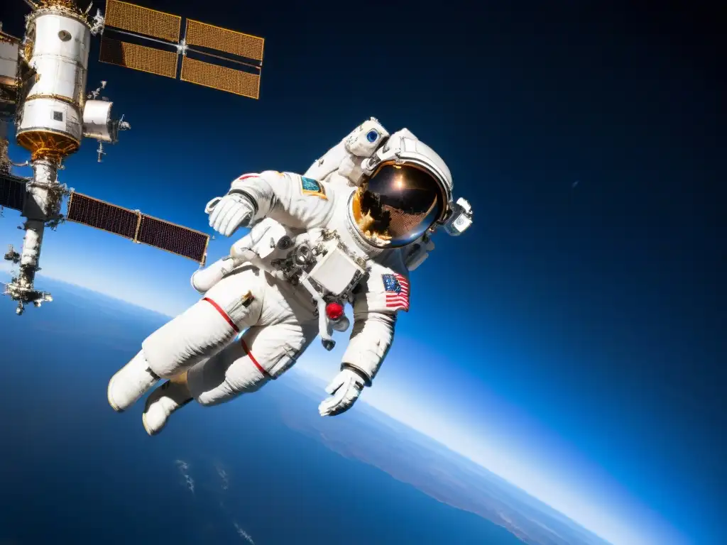 Un astronauta de un país en desarrollo flota en el espacio exterior, con la Tierra y la Estación Espacial Internacional de fondo, simbolizando la cooperación países emergentes exploración espacial