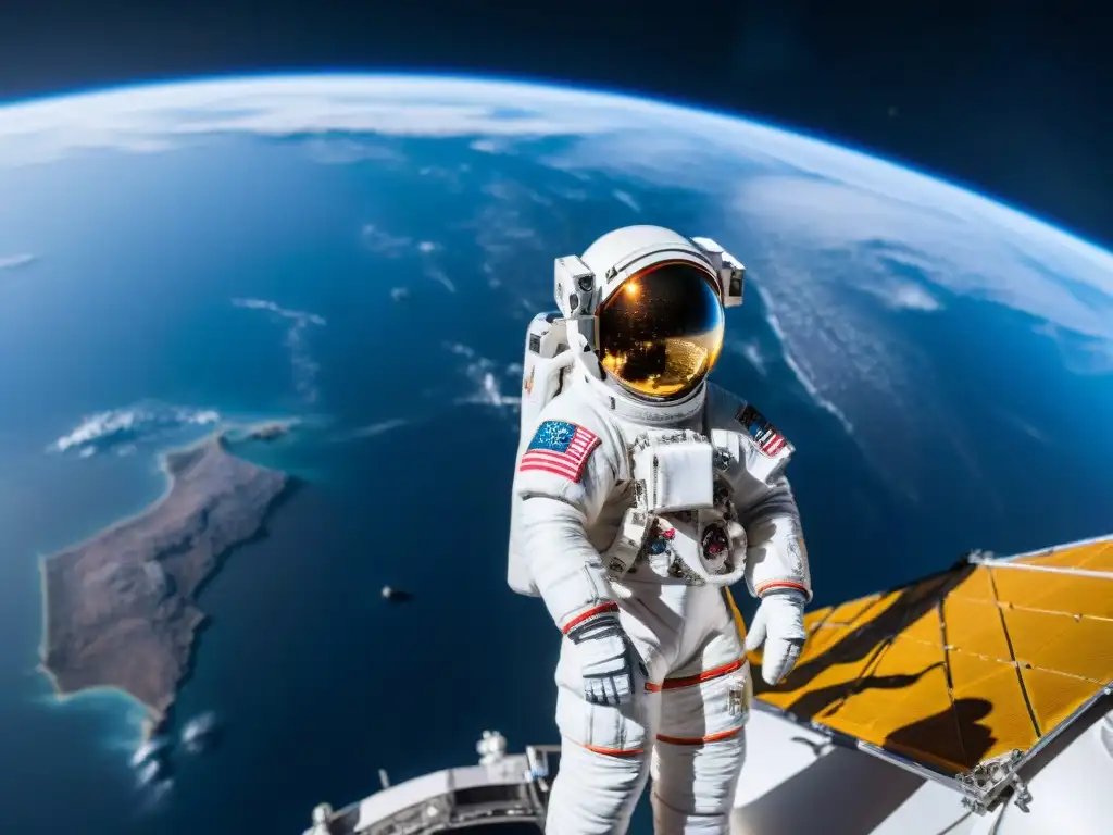 Un astronauta ajustando paneles de comunicación en una estación espacial futurista, rodeado de la Tierra y cuerpos celestes