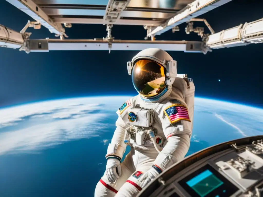 Astronauta Luca Parmitano en la Estación Espacial ajustando su DJ turntable, con vista de la Tierra