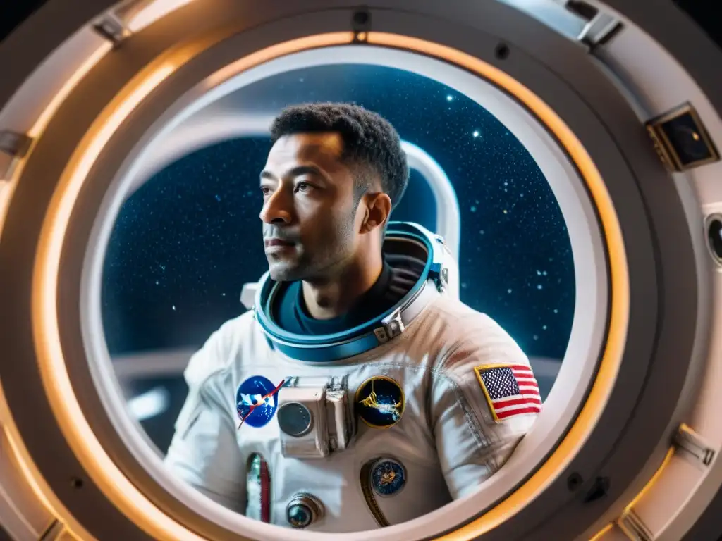 Astronauta lidiando con la pérdida en el espacio, rostro serio, rodeado de estrellas en la oscuridad