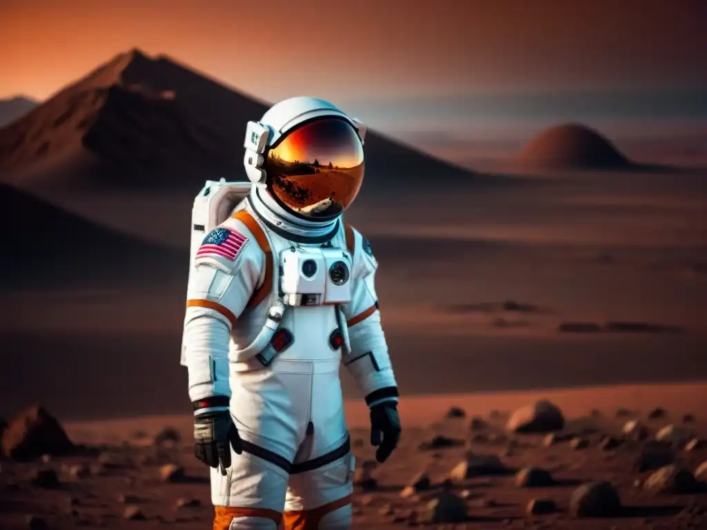 Un astronauta lidiando con la pérdida en el espacio, solo en un paisaje marciano vasto y desolado