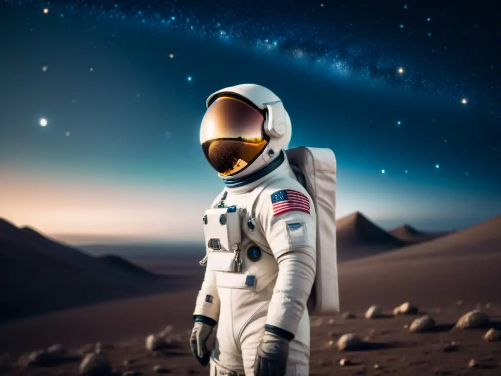 Astronauta lidiando con la pérdida en el espacio, reflejando determinación y tristeza en un planeta rocoso bajo un cielo estrellado