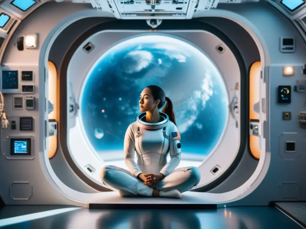 Un astronauta en perfecta postura de yoga, flotando en gravedad cero dentro de una estación espacial futurista