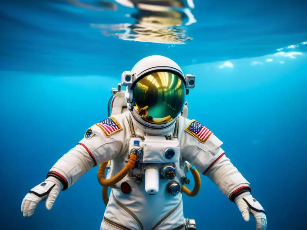 Astronauta flotando en piscina de entrenamiento, con traje espacial futurista